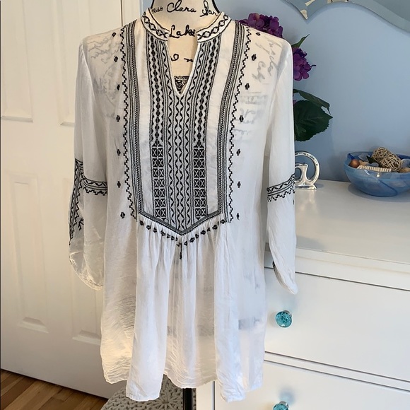 Joan Vass Tops - Joan Vass Split Neck Embroidered Peasant Blouse